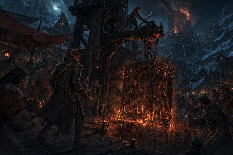 Fantasy scene at Old Crown Minehead: a burning cage hangs above a deep shaft, surrounded by onlookers and timber machinery.